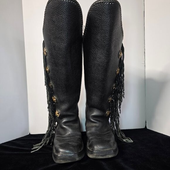 Vibram Women's Leather Fringe Gold Star Knee High Moto Boots - Picture 1 of 16